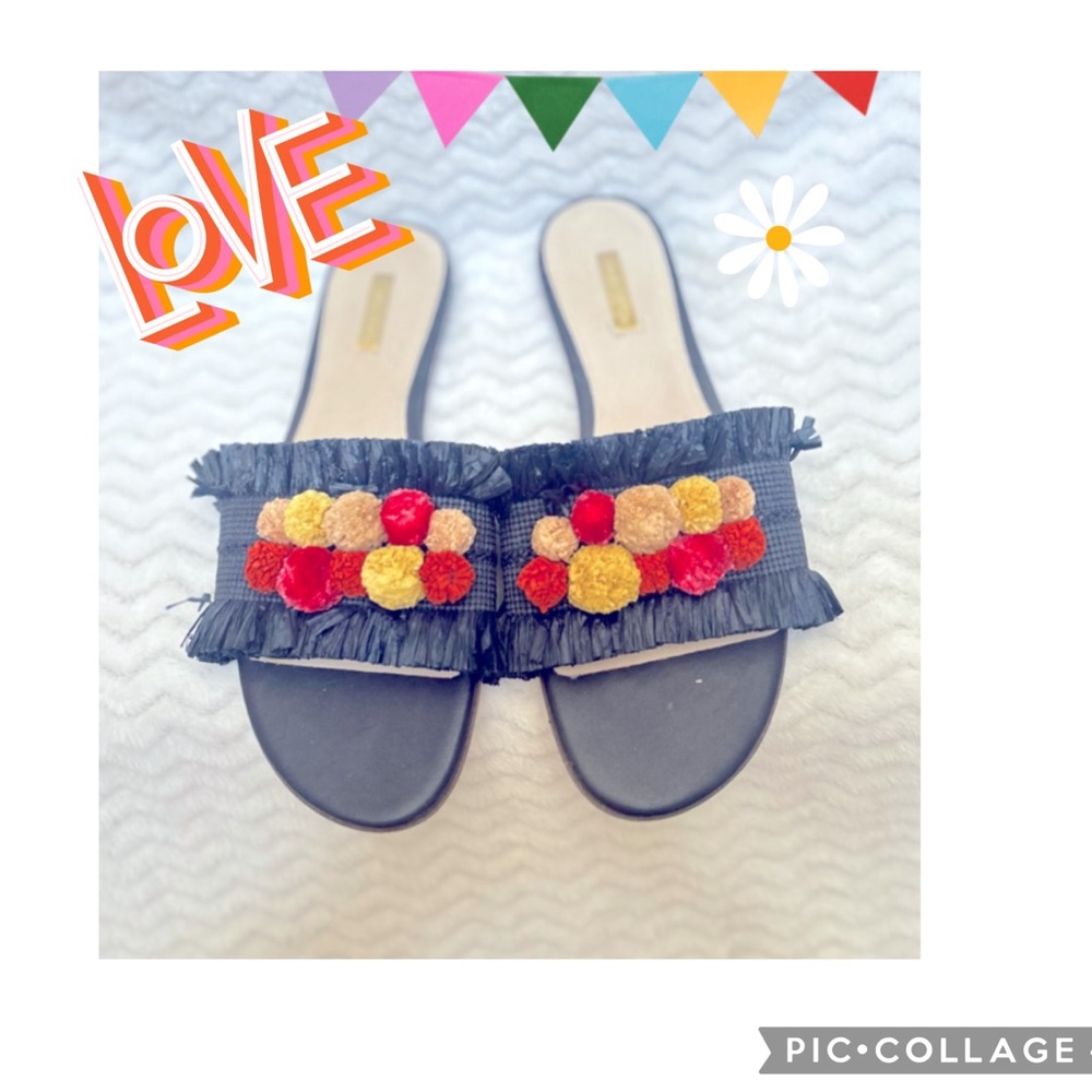🔥New Louise et Cie Pom Pom Raffia Slides Sandals